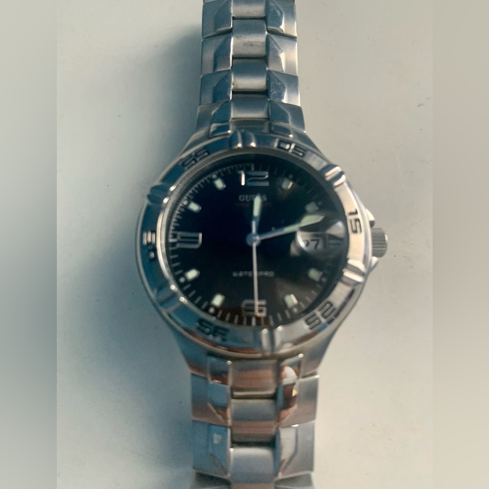 Guess Waterpro Silver Tone Black Face Watch